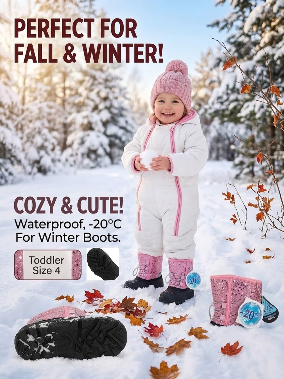 NEW - Kids Pink Glitter Waterproof - Sparkly & Warm Winter Boots (Toddler)